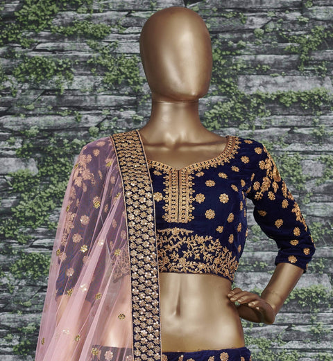 Look divine on your special day by wearing this navy blue color velvet bridal lehenga Choli. - ReadyToWearshop