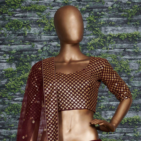 Maroon raw silk blouse adorned with gold sequin embroidery. lehenga choli for women - ReadyToWearshop
