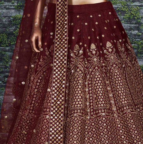 Maroon raw silk blouse adorned with gold sequin embroidery. lehenga choli for women - ReadyToWearshop