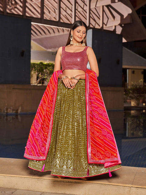 Gorgeous Olive Pink Wedding wear Heavy Lehenga Choli for Women with Dupatta Sequence Lehenga Choli In USA