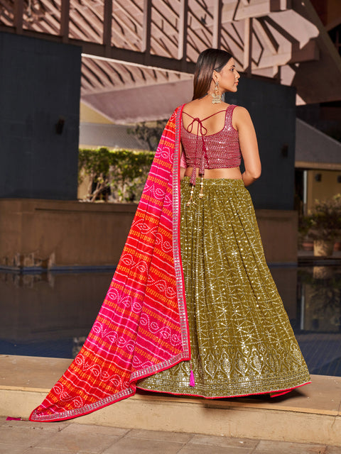 Gorgeous Olive Pink Wedding wear Heavy Lehenga Choli for Women with Dupatta Sequence Lehenga Choli In USA