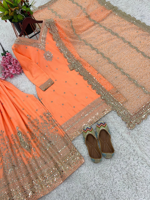 Orange Charming Party Wear Look New Top - Plazo and Dupatta With Heavy Embroidery Work For Women - ReadyToWearshop