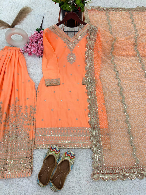 Orange Charming Party Wear Look New Top - Plazo and Dupatta With Heavy Embroidery Work For Women - ReadyToWearshop
