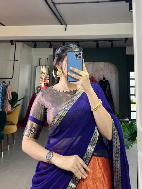 Orange Crafted with love, adorned with heritage : The South - style Kanchipuram silk lehenga choli for women - ReadyToWearshop