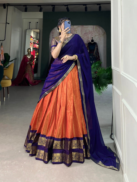 Orange Crafted with love, adorned with heritage : The South - style Kanchipuram silk lehenga choli for women - ReadyToWearshop