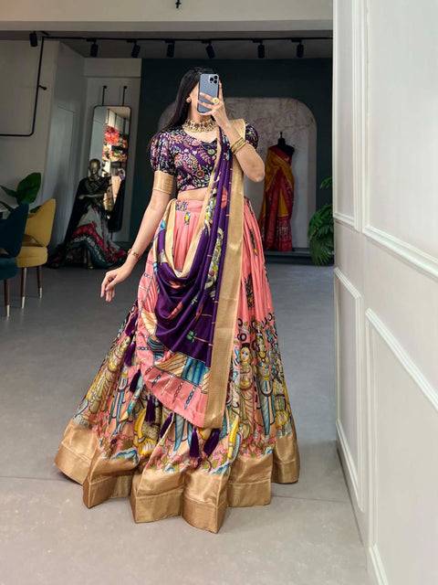 Pink Elegance of Dola Silk and the intricate charm of Kalamkari prints, the lehenga choli whispers tales of tradition and beauty - ReadyToWearshop