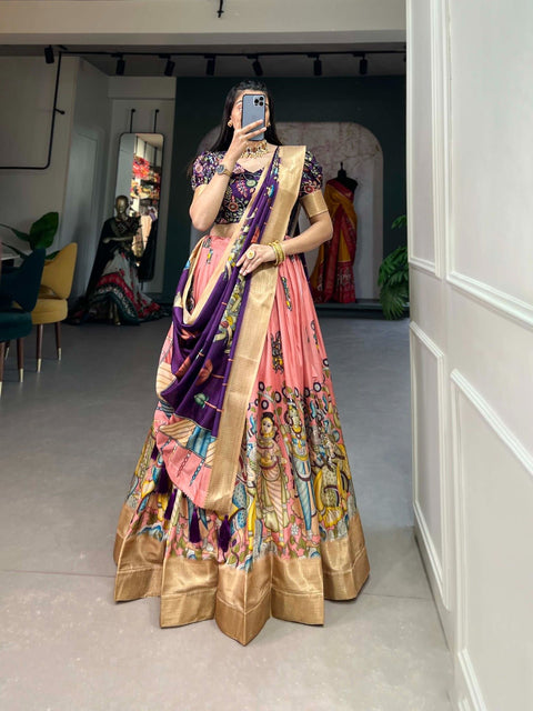 Pink Elegance of Dola Silk and the intricate charm of Kalamkari prints, the lehenga choli whispers tales of tradition and beauty - ReadyToWearshop