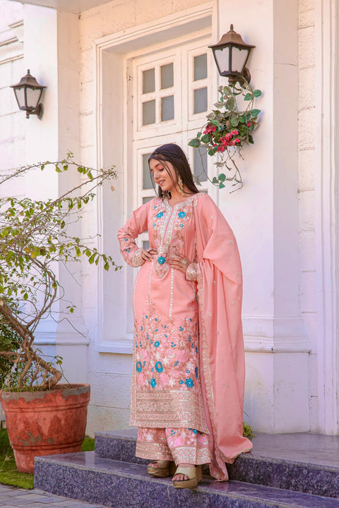 Pink Graceful Party Wear Look Pur Chinon Silk Top Plazzo & Dupatta Set For Women In USA - ReadyToWearshop