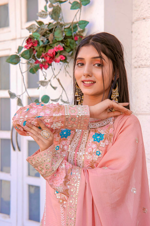 Pink Graceful Party Wear Look Pur Chinon Silk Top Plazzo & Dupatta Set For Women In USA - ReadyToWearshop