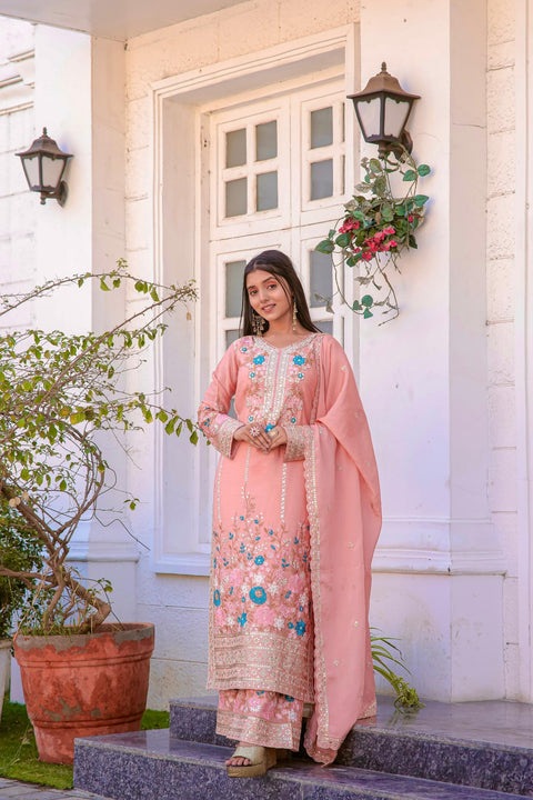 Pink Graceful Party Wear Look Pur Chinon Silk Top Plazzo & Dupatta Set For Women In USA - ReadyToWearshop