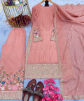 Pink Graceful Party Wear Look Pur Chinon Silk Top Plazzo & Dupatta Set For Women In USA - ReadyToWearshop