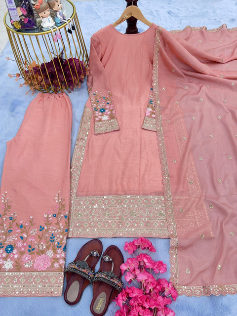 Pink Graceful Party Wear Look Pur Chinon Silk Top Plazzo & Dupatta Set For Women In USA - ReadyToWearshop