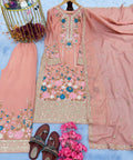 Pink Graceful Party Wear Look Pur Chinon Silk Top Plazzo & Dupatta Set For Women In USA - ReadyToWearshop