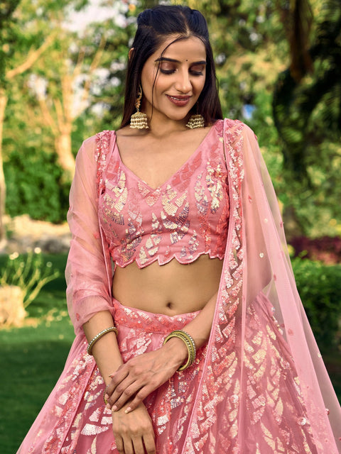 Pink Heavy Lehenga Choli for Women with Dupatta Sequence Lehenga Choli In USA - ReadyToWearshop