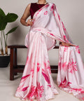 Pink Pearl - Edged Floral Satin Floral Print Saree For Women - ReadyToWearshop