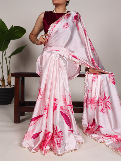 Pink Pearl - Edged Floral Satin Floral Print Saree For Women - ReadyToWearshop