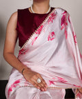 Pink Pearl - Edged Floral Satin Floral Print Saree For Women - ReadyToWearshop
