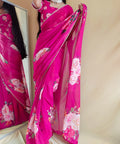 Pink saree best way to represent your classy look with this spectacular georgette printed saree with Pearl lace border - ReadyToWearshop