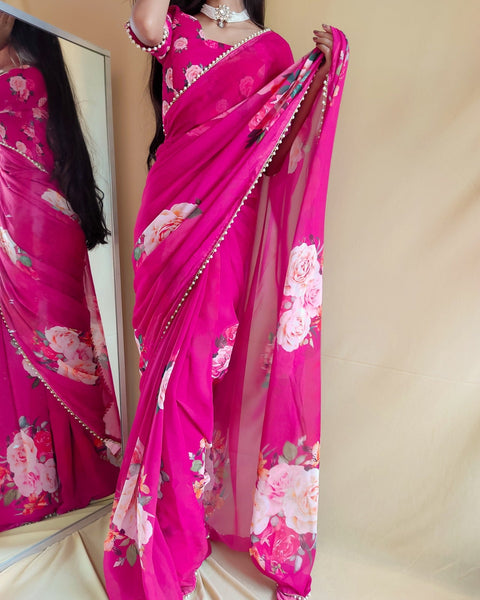 Pink saree best way to represent your classy look with this spectacular georgette printed saree with Pearl lace border - ReadyToWearshop