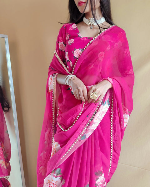 Pink saree best way to represent your classy look with this spectacular georgette printed saree with Pearl lace border - ReadyToWearshop
