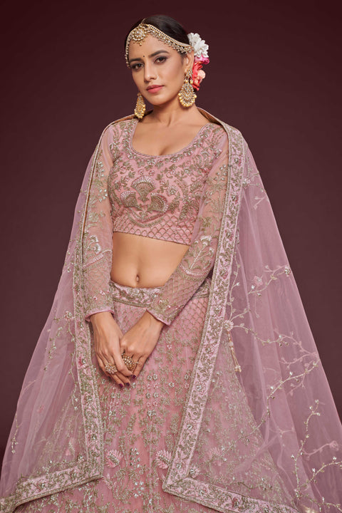 Pearl Pink Stylish Wedding wear Heavy Lehenga Choli for Women with Dupatta in USA Sequence Lehenga Choli