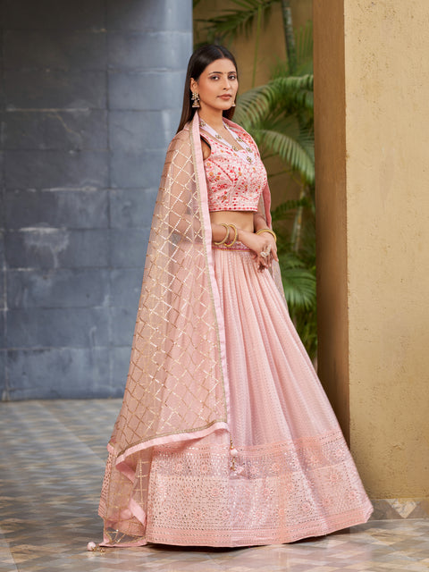 Striking Pink Wedding wear Heavy Lehenga Choli for Women with Dupatta Sequence Lehenga Choli In USA