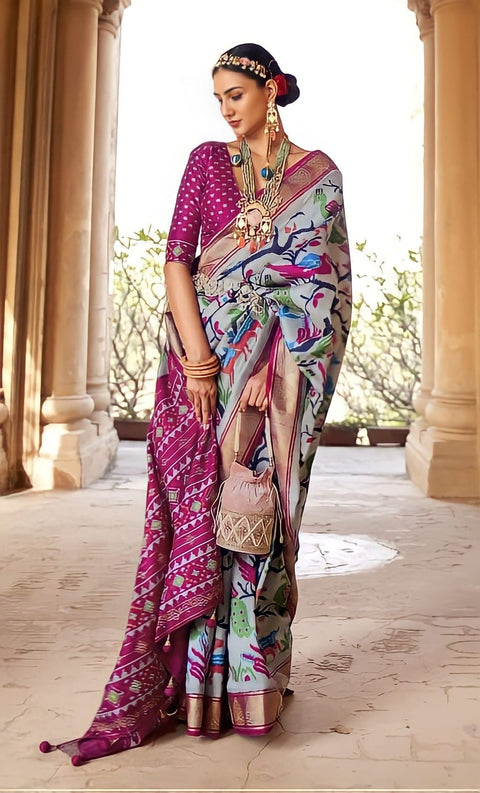 Purple And Grey Indian Wedding Wear Patola saree with blouse in USA, Perfect for Indian Wedding Wear sequins saree For Woman - ReadyToWearshop