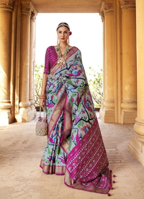 Purple And Grey Indian Wedding Wear Patola saree with blouse in USA, Perfect for Indian Wedding Wear sequins saree For Woman - ReadyToWearshop