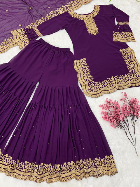 Purple Charming Party Wear Look New Top - Plazo and Dupatta With Heavy Embroidery Work For Women - ReadyToWearshop