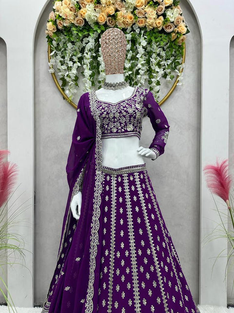 Purple Elevate Your Ethnic Wardrobe with a Gorgeous Georgette Lehenga Choli and an Intricately Embroidered Banglory Blouse For Women - ReadyToWearshop