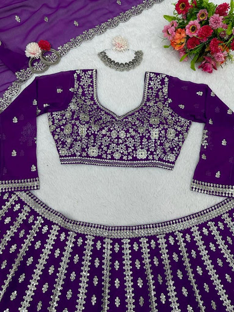 Purple Elevate Your Ethnic Wardrobe with a Gorgeous Georgette Lehenga Choli and an Intricately Embroidered Banglory Blouse For Women - ReadyToWearshop