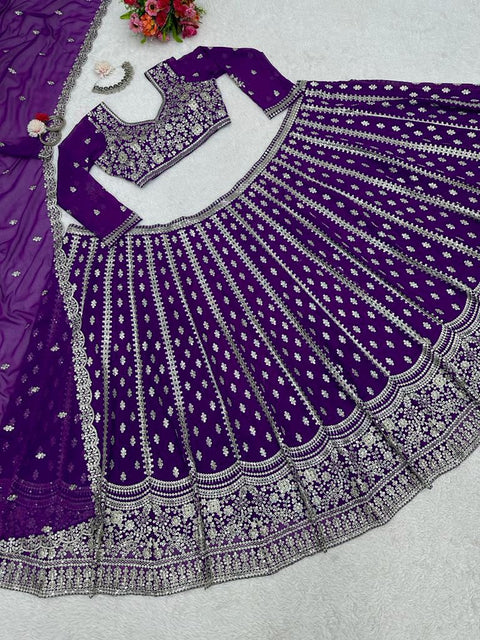 Purple Elevate Your Ethnic Wardrobe with a Gorgeous Georgette Lehenga Choli and an Intricately Embroidered Banglory Blouse For Women - ReadyToWearshop