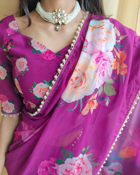 Purple saree best way to represent your classy look with this spectacular georgette printed saree with Pearl lace border - ReadyToWearshop