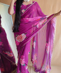 Purple saree best way to represent your classy look with this spectacular georgette printed saree with Pearl lace border - ReadyToWearshop