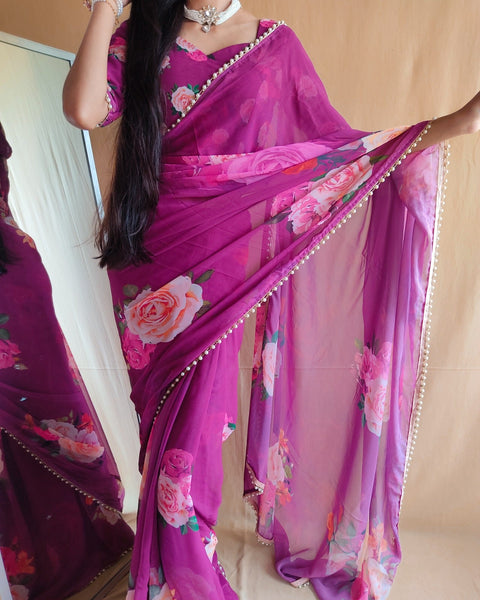 Purple saree best way to represent your classy look with this spectacular georgette printed saree with Pearl lace border - ReadyToWearshop