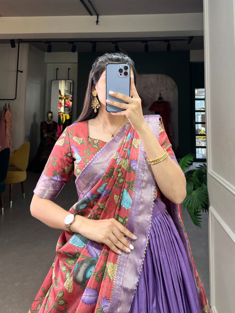 Purple Subtle shades, bold heritage: Kalamkari Dola silk charm Lehenga choli for women in wedding - ReadyToWearshop