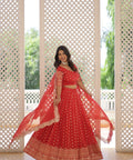 Red Enchanting and vibrant, our Dayble Viscose Jacquard lehenga set is perfect for Any Occasions - ReadyToWearshop