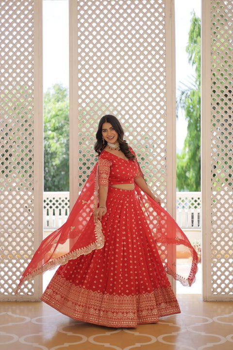 Red Enchanting and vibrant, our Dayble Viscose Jacquard lehenga set is perfect for Any Occasions - ReadyToWearshop