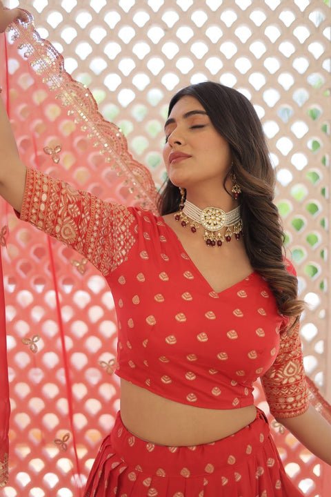Red Enchanting and vibrant, our Dayble Viscose Jacquard lehenga set is perfect for Any Occasions - ReadyToWearshop