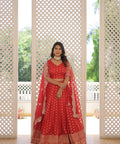 Red Enchanting and vibrant, our Dayble Viscose Jacquard lehenga set is perfect for Any Occasions - ReadyToWearshop
