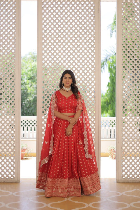 Red Enchanting and vibrant, our Dayble Viscose Jacquard lehenga set is perfect for Any Occasions - ReadyToWearshop