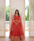 Red Enchanting and vibrant, our Dayble Viscose Jacquard lehenga set is perfect for Any Occasions - ReadyToWearshop