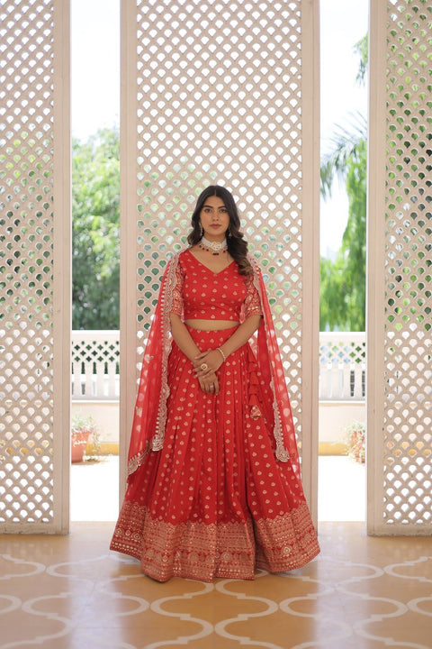 Red Enchanting and vibrant, our Dayble Viscose Jacquard lehenga set is perfect for Any Occasions - ReadyToWearshop