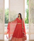 Red Enchanting and vibrant, our Dayble Viscose Jacquard lehenga set is perfect for Any Occasions - ReadyToWearshop