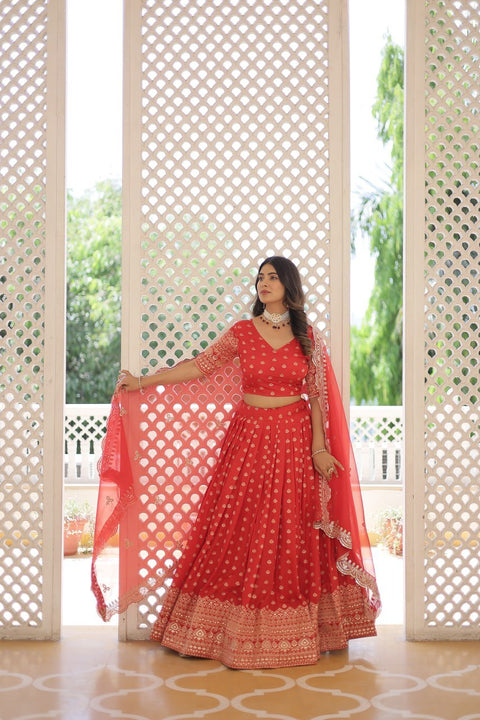 Red Enchanting and vibrant, our Dayble Viscose Jacquard lehenga set is perfect for Any Occasions - ReadyToWearshop