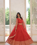Red Enchanting and vibrant, our Dayble Viscose Jacquard lehenga set is perfect for Any Occasions - ReadyToWearshop