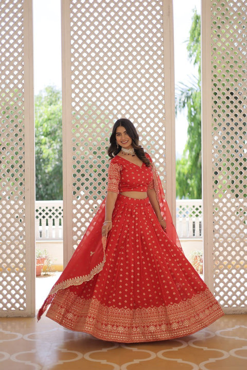 Red Enchanting and vibrant, our Dayble Viscose Jacquard lehenga set is perfect for Any Occasions - ReadyToWearshop