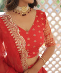 Red Enchanting and vibrant, our Dayble Viscose Jacquard lehenga set is perfect for Any Occasions - ReadyToWearshop