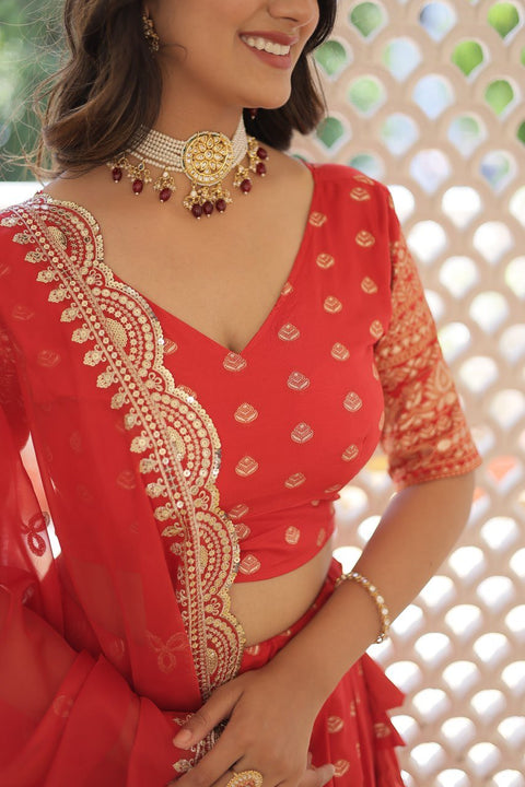 Red Enchanting and vibrant, our Dayble Viscose Jacquard lehenga set is perfect for Any Occasions - ReadyToWearshop