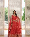 Red Enchanting and vibrant, our Dayble Viscose Jacquard lehenga set is perfect for Any Occasions - ReadyToWearshop